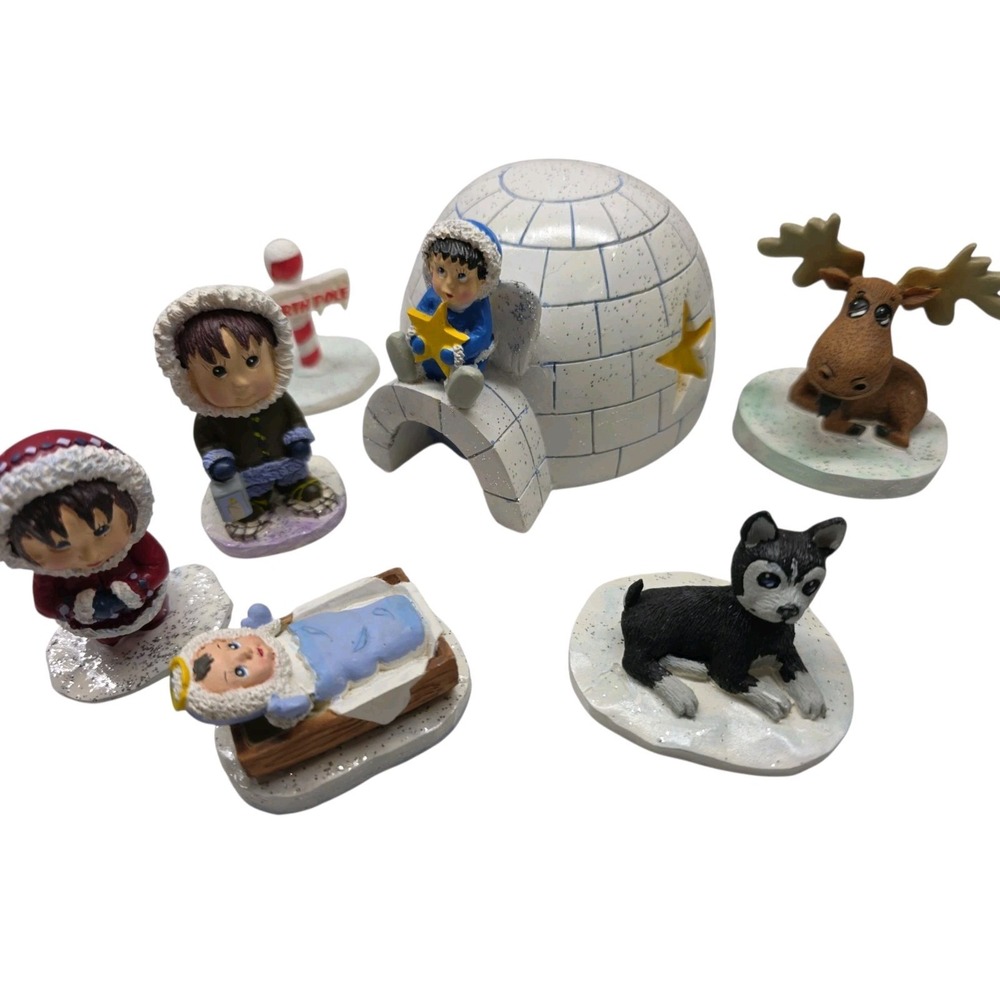 Vintage Arctic Alaskan Inuit Nativity Set Resin Igloo Parka Figures Husky Moose